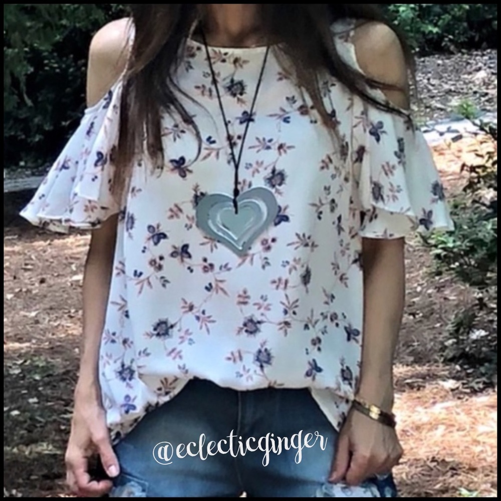White pink blue floral flutter sleeve cold shoulder top Small S Medium M